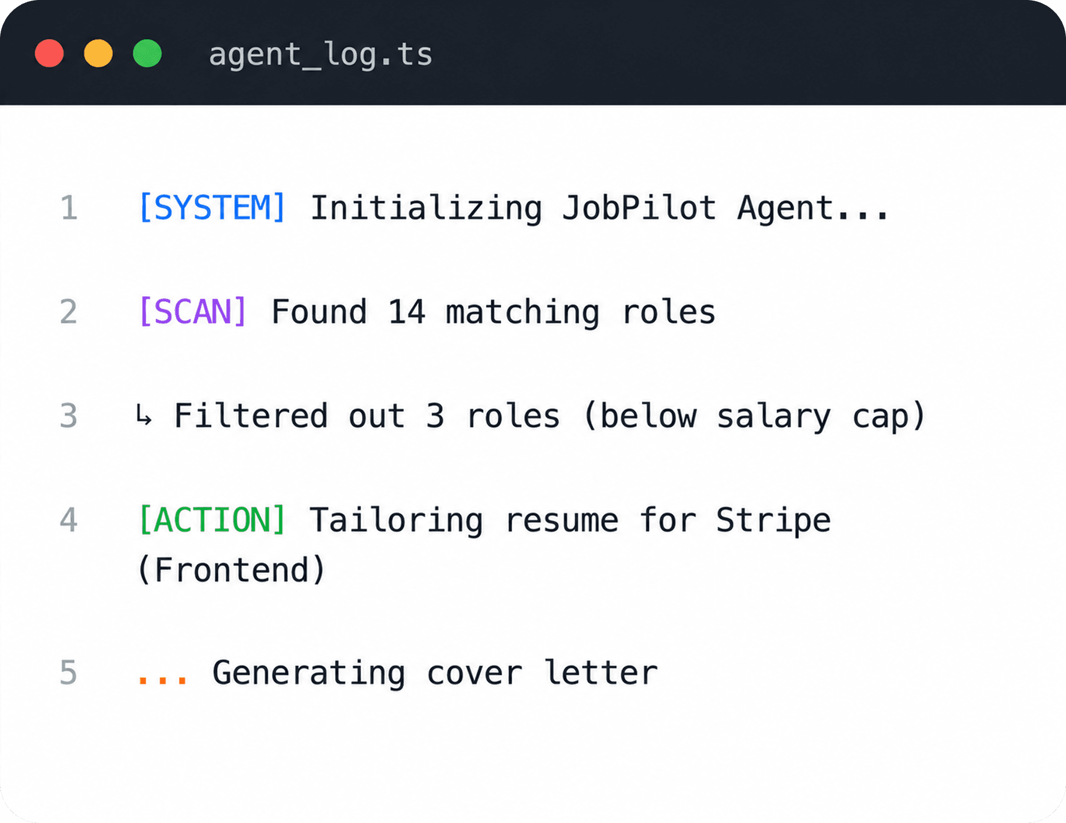 Agent run log console mockup
